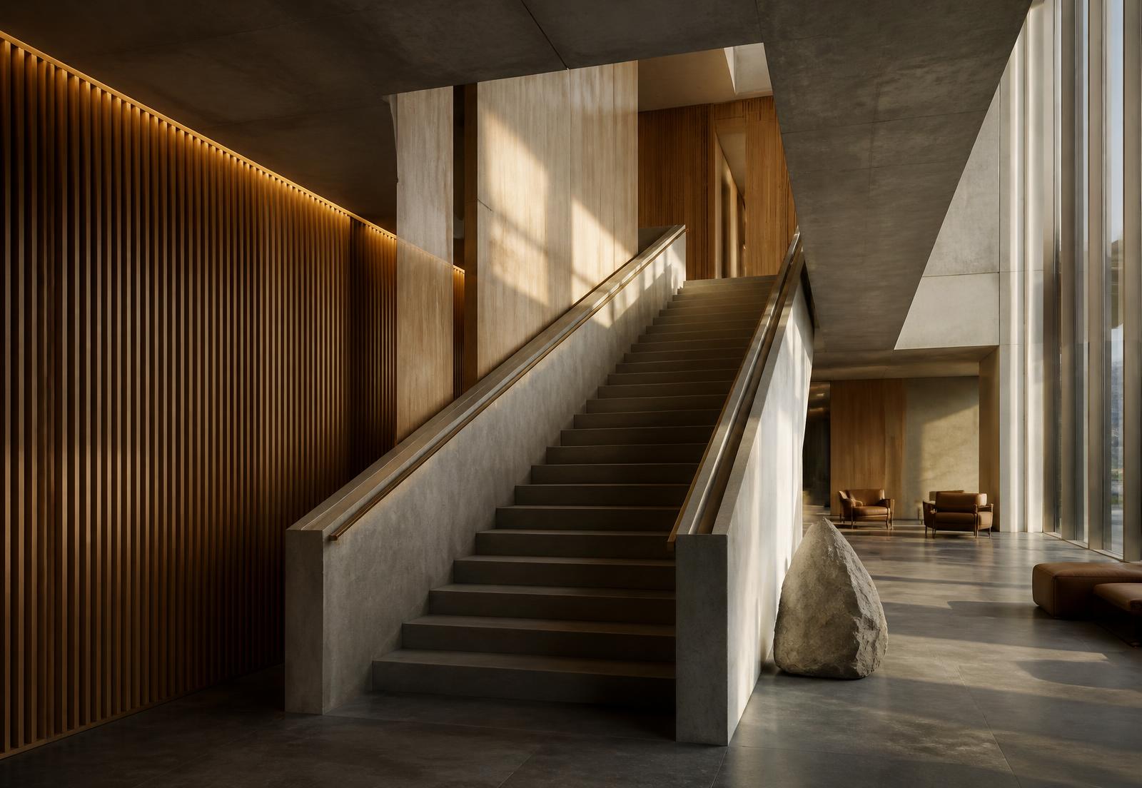 Sculptural staircase inside a modern corporate building in warm daylight