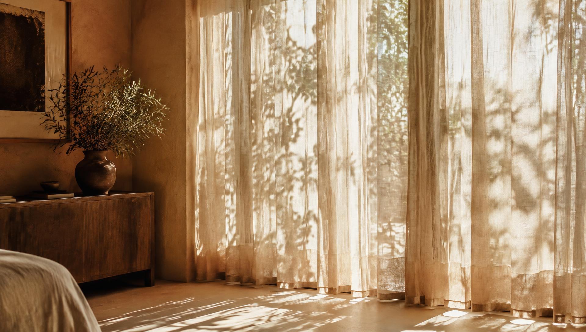 Afternoon light through linen curtains