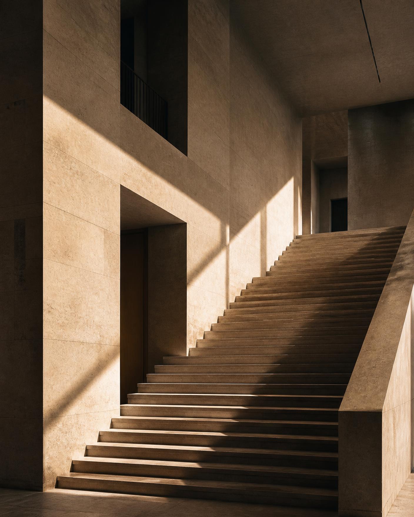 Monumental stone staircase in a minimal modern building, raked by morning light