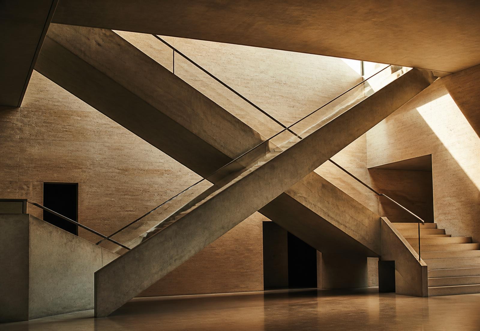 Two staircases crossing in an X inside a warm stone atrium