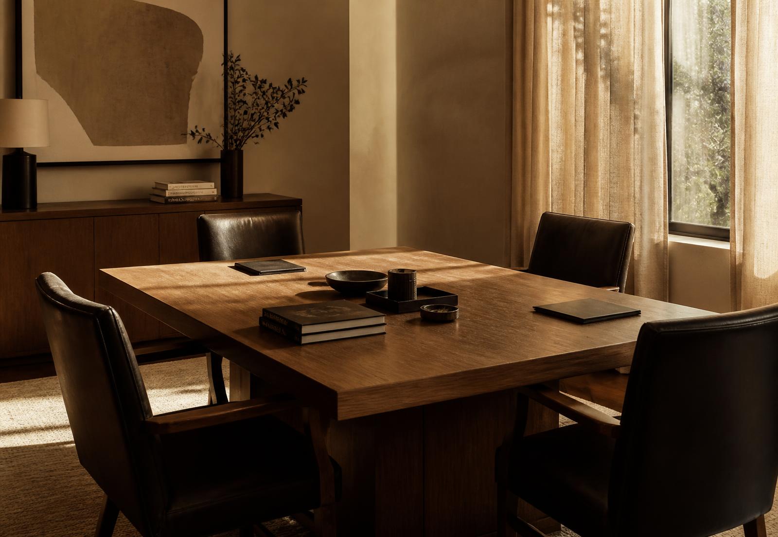 A quiet private meeting room with an oak table in warm morning light