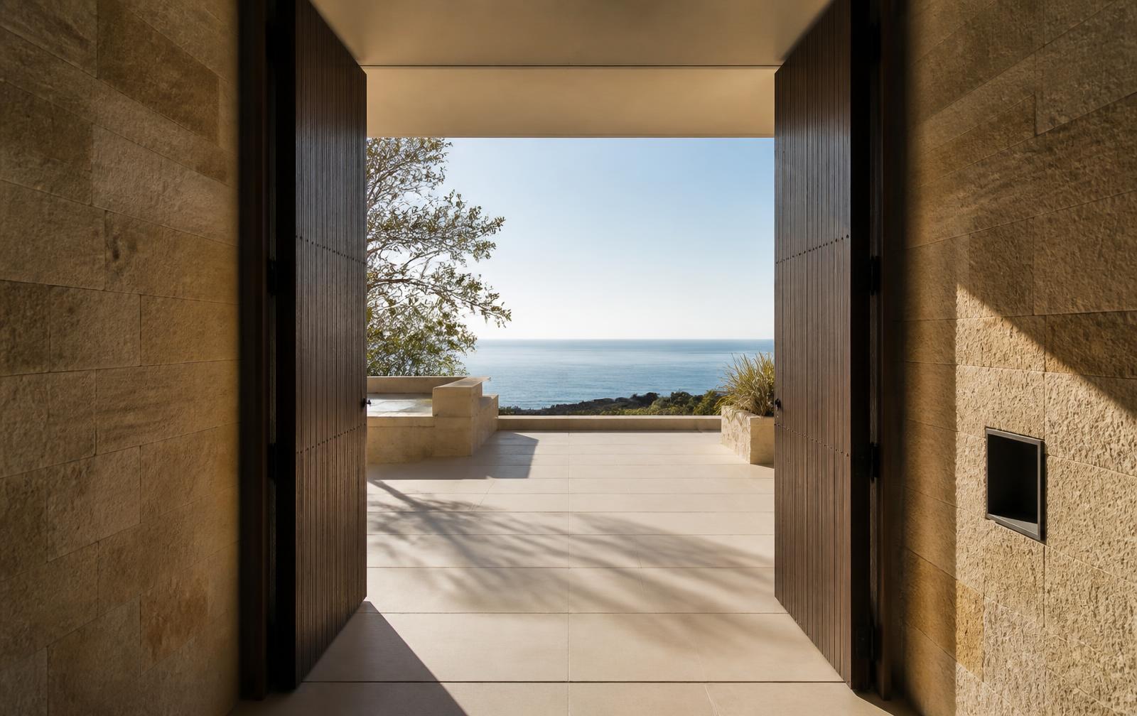 A shaded doorway opening onto a sunlit stone terrace above the sea